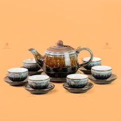 Bộ Ấm Chén Cẩm Thạch Kẻ Vàng