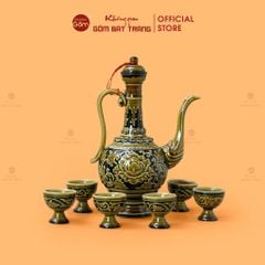 Bộ Bình Rượu Khắc Nổi Hoa Phù Dung Nền Đen