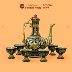 Bộ Bình Rượu Khắc Nổi Hoa Sen Nền Đen